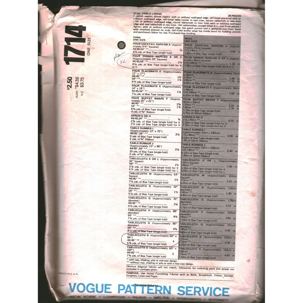 Vintage Vogue 1714 Table Linens Sewing Pattern Napkins Placemats Apron Runners